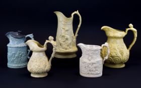 An Excellent Collection of Early 19th Century Moulded Jugs. Various Factories ( 5 ) In Total.