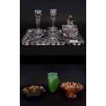 Glass Dressing Table Set comprising a pair of candlesticks,