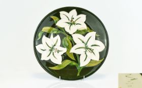W. Moorcroft Signed Cabinet Plate - Bermuda Lily Design on Green Ground.