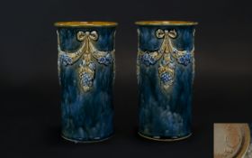Royal Doulton Pair of Vases with Swags / Garland / Grapes Decoration on a Blue / Grey Ground. c.