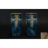 Royal Doulton Pair of Vases with Swags / Garland / Grapes Decoration on a Blue / Grey Ground. c.