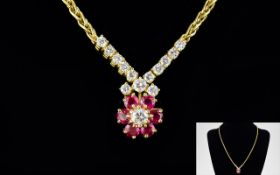 Ladies - Hand Crafted 18ct Yellow Gold Necklace Set with Rubies and Diamonds of Excellent Quality.