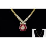 Ladies - Hand Crafted 18ct Yellow Gold Necklace Set with Rubies and Diamonds of Excellent Quality.