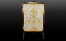 Reproduction Carved Fire Screen Vintage fire screen in ovoid form with central cream jacquard panel.