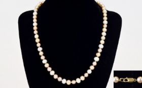 Contemporary and Elegant Two Tone Single Strand Cultured Pearl Necklace with a 9ct Gold Clasp. Fully