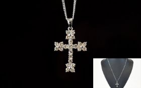 18ct White Gold Diamond Set Pendant Cross, Set With 23 Round Modern Brilliant Cut Diamonds, Fully