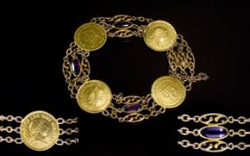 Antique 15ct Gold Bracelet - Set with Amethyst and Four 22ct Gold Coins.