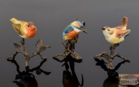 Albany Worcester Fine Quality Miniature Hand Painted Porcelain Bird Figures - on Bronze Twigs &