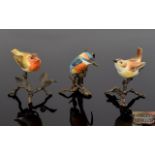 Albany Worcester Fine Quality Miniature Hand Painted Porcelain Bird Figures - on Bronze Twigs &