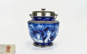 Woods and Co Blue and White Ginger Jar with silver plated lid and handle.