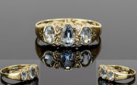 Ladies 9ct Gold Gypsy Set 3 Stone Aquamarine Dress Ring. Fully Hallmarked.