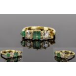 18ct Gold - Antique Period Emerald and Diamond 5 Stone Dress Ring.