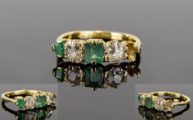 18ct Gold - Antique Period Emerald and Diamond 5 Stone Dress Ring.