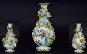 Derby - Early 19th Century Flower Encrusted Porcelain Vase. Height 8.75 Inches.