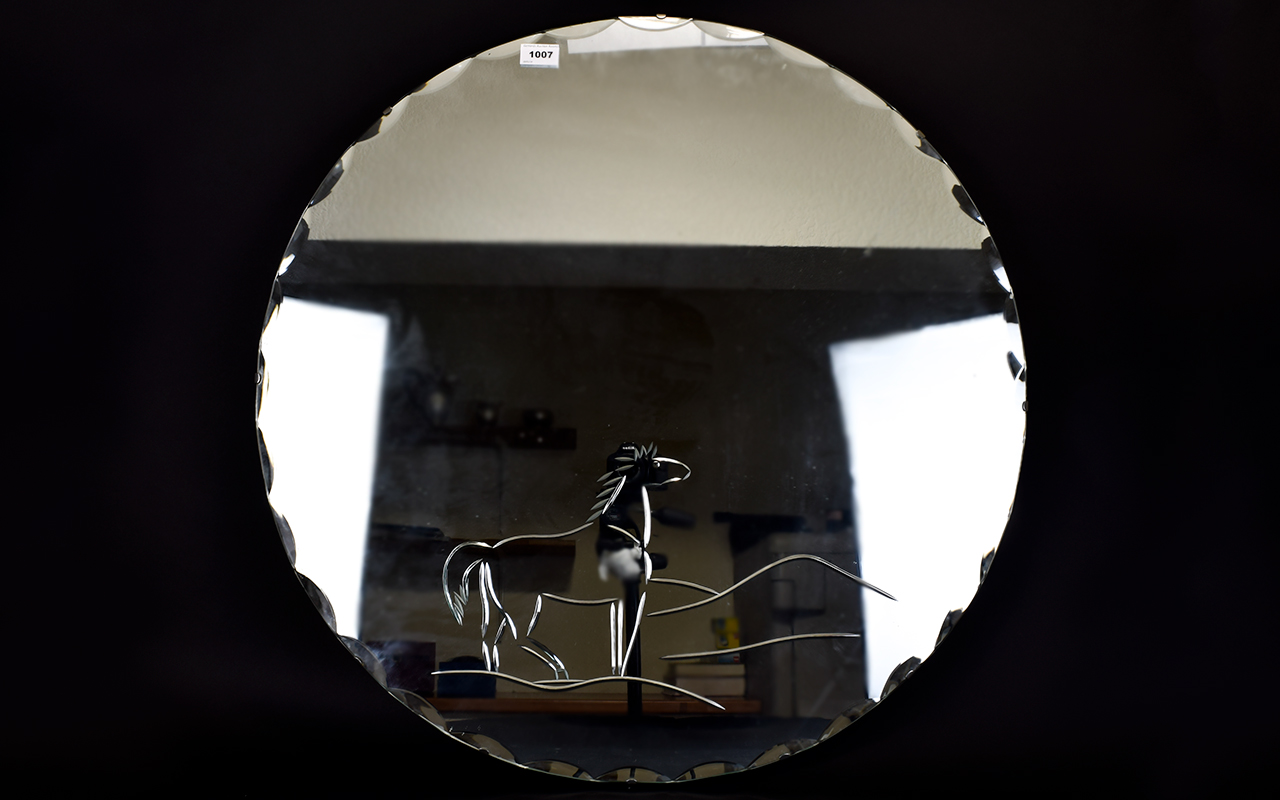 A Large Vintage Circular Mirror Decorative Bevelled glass mirror with etched edges and horse detail