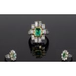 Ladies Platinum Set 1950's Stunning Emerald and Diamond Cocktail Ring set with a central mounted