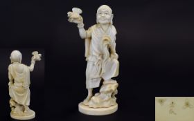 Japanese - Signed Late 19th Century Carved Ivory Figure of a Japanese Male In a Standing Position,