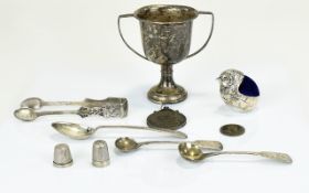 Small Mixed Lot Comprising A 1935 Crown With Mount, Two Silver Thimbles, Two Silver Salt Spoons,