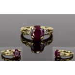 Ladies 9ct Gold Single Stone Chinese Ruby Set Dress Ring, With Diamond Shoulders.