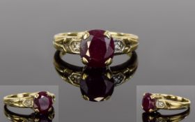 Ladies 9ct Gold Single Stone Chinese Ruby Set Dress Ring, With Diamond Shoulders.