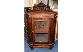 19thC Mahogany Wall Hanging Corner Cupboard, Pierced Gallery, Glazed Front. Height 40 Inches