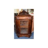 19thC Mahogany Wall Hanging Corner Cupboard, Pierced Gallery, Glazed Front. Height 40 Inches
