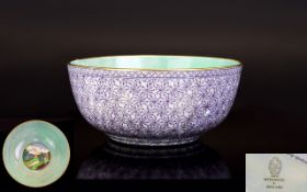 Wedgwood Lustre Bowl with Painted Landscape Interior and Purple Pattern Exterior with Gold Rim.
