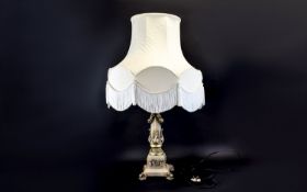 Standard Lamp On neoclassical gold tone column base with acanthus leaf trim and large cream shade.