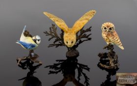 Albany Worcester Fine Quality Miniature Hand Painted Porcelain Bird Figures ( 3 ) Perched on Bronze