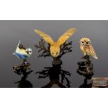 Albany Worcester Fine Quality Miniature Hand Painted Porcelain Bird Figures ( 3 ) Perched on Bronze