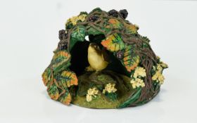 A Vintage Cold Painted Cast Metal Sculpture of a Birds Nest with Small Bird to Interior,