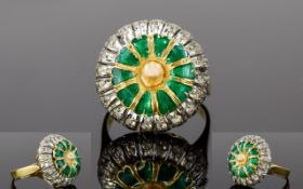 18ct Gold Set Diamond and Enamel Cluster Ring with Central Rotating Circular Enamel and Gold