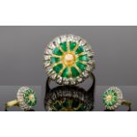 18ct Gold Set Diamond and Enamel Cluster Ring with Central Rotating Circular Enamel and Gold