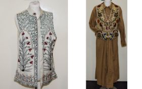 A Vintage Monsoon Cotton Maxi Dress And Two Embroidered Waistcoats 1980's long smocked cotton