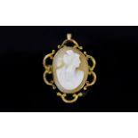 A Vintage Fancy Mounted 9ct Gold Shell Cameo Brooch / Pendant. Marked 9.375. 2 Inches High.