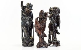 Set Of Three Early 20thC Chinese Carved Root Wood Figures, The Tallest With Wirework Inlay,