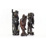 Set Of Three Early 20thC Chinese Carved Root Wood Figures, The Tallest With Wirework Inlay,