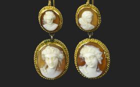 14ct Gold Fine Quality Pair of Cameo Set Earrings / Drops. Features Portrait Images of a Classical