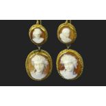 14ct Gold Fine Quality Pair of Cameo Set Earrings / Drops. Features Portrait Images of a Classical