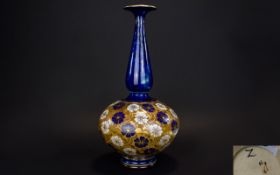Doulton Lambeth Tall Vase with Floral Decoration on Chine Ground. c.1905. Height 15.75 Inches.