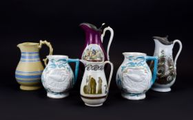 A Good Collection of Victorian Period Ceramic Jugs. Various Factories ( 6 ) Six In Total.