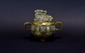 Small Chinese Bronze Tripod Censer & Cover. Pseudo Mark To Base