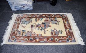 Wool Rug Rectangular wool blend rug with oriental design on cream field with deep peach, green and