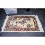 Wool Rug Rectangular wool blend rug with oriental design on cream field with deep peach, green and