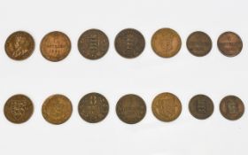 A Very Good Collection of High Grade Guernsey 19th Century Bronze Coins ( 7 ) Coins In Total.