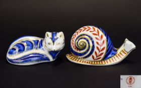 Royal Crown Derby Paperweights ( 2 ) Snail and Fox. Dates 1993, No Stoppers. Both Paperweights are