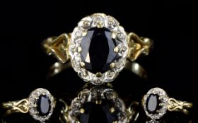 Ladies 9ct Gold Set Diamond and Sapphire Cluster Ring. Flower head Setting.