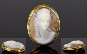 14ct Gold Mounted Oval Shaped Shell Cameo of Fine Quality. Features a Portrait Bust of a Young