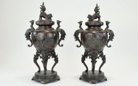 Japanese 19th Century Large and Impressive True Pair of Elaborate Bronze Censers, Decorated with