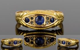 Victorian Period 15ct Gold 3 Stone Diamond and Sapphire Set Dress Ring. Hallmark Chester 1897.